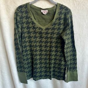 OP Olive Green Black Houndstooth V-neck Thermal Waffle Knit Shirt Size XL